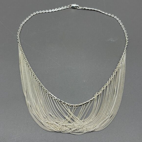Sterling Silver 925 Multi Strand Layered Waterfall Drape Necklace 24g 18" Curb - Picture 2 of 8